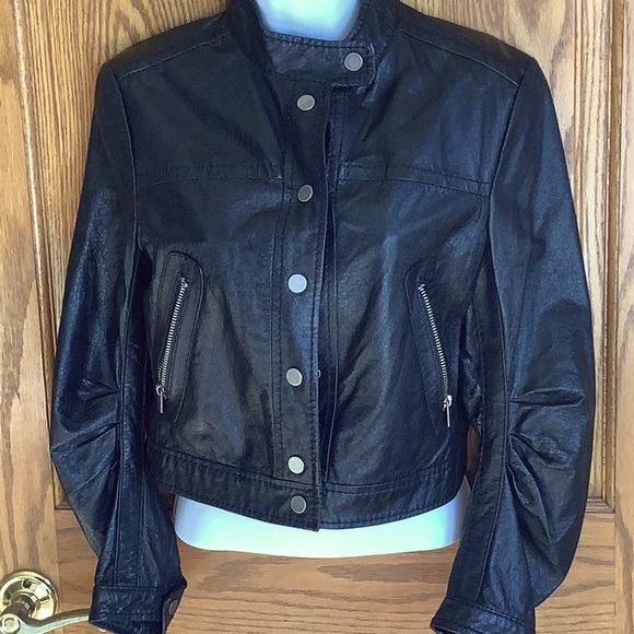 BCBGMAXAZRIA Genuine Leather Jacket.  SZ  XS.   Black Ruched 3/4 sleeves, - Picture 1 of 9